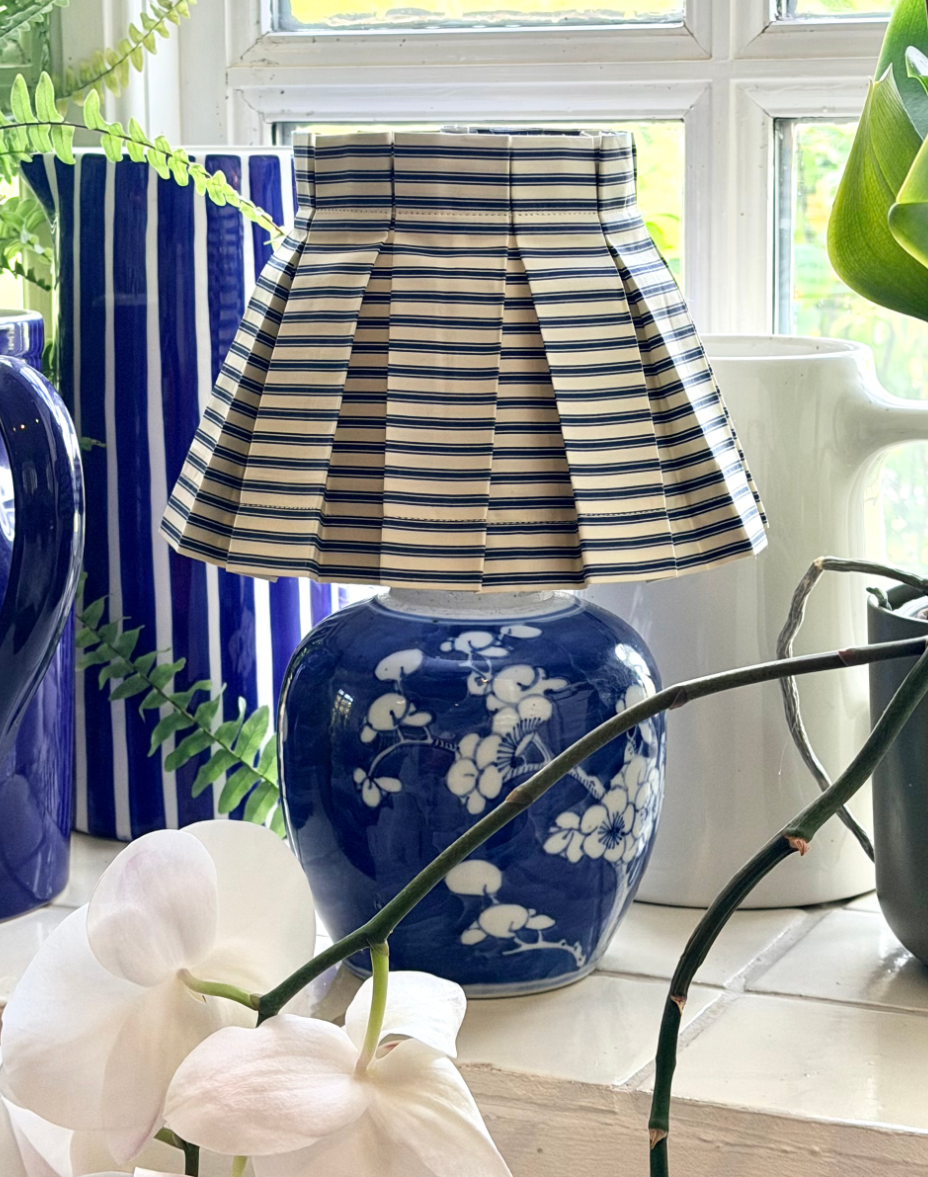 Small box Pleat Lampshade In A Lightweight Navy & White Ticking Fabric